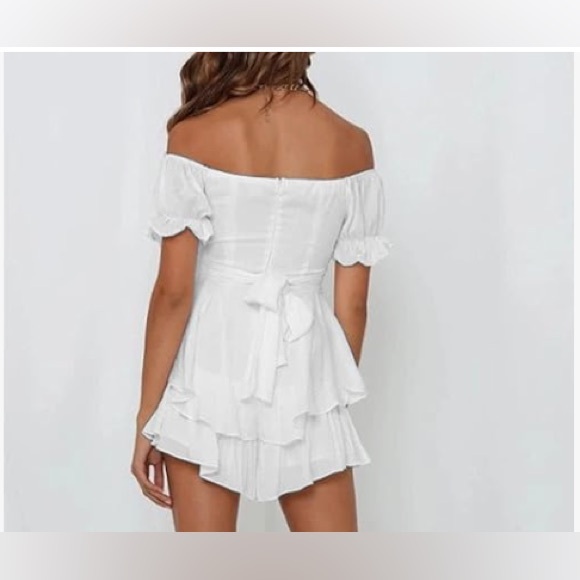 NWOT, Fixmatti Boho Polyester Off Shoulder Chiffon WHITE Shorts ROMPER - Picture 8 of 9